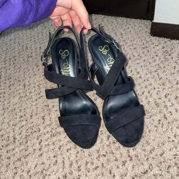 Platform Block Heel Pumps Slingback Black Skyscraper Heels Buckle Open Toe 7.5 - Picture 3 of 6